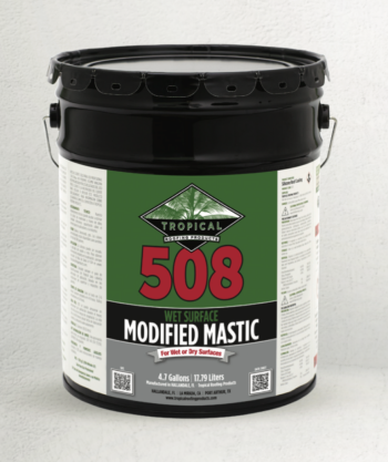 "Tropical Roofing Products 508 Wet Surface Modified Mastic applied on wet roof surface for leak repair"