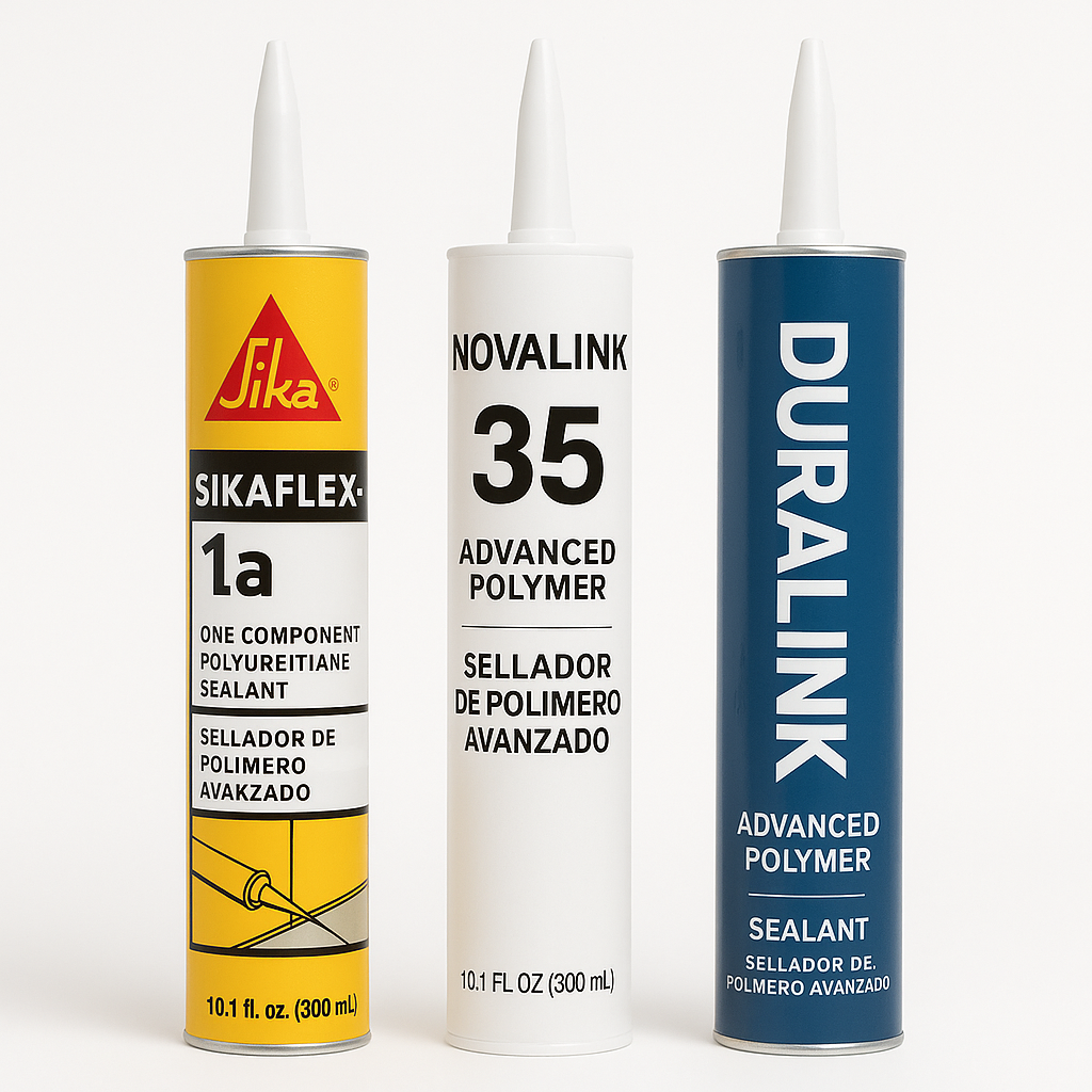 Three caulking tubes including Sikaflex-1a, NovaLink 35, and DuraLink 50 sealants standing upright on white background
