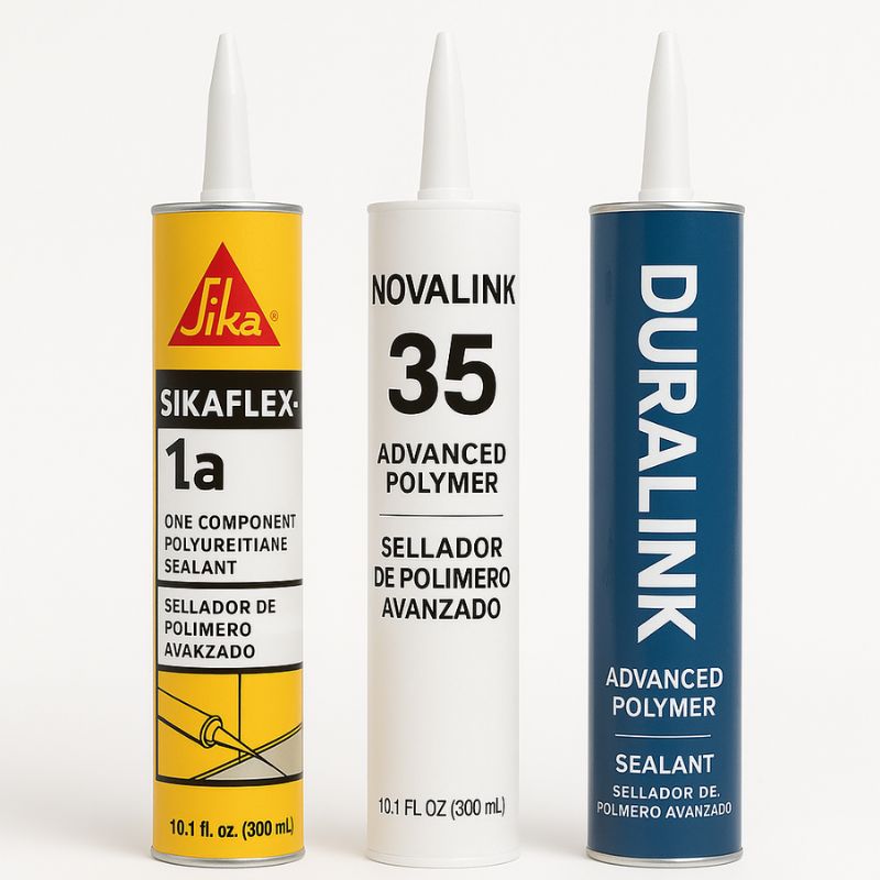 Three caulking tubes including Sikaflex-1a, NovaLink 35, and DuraLink 50 sealants standing upright on white background