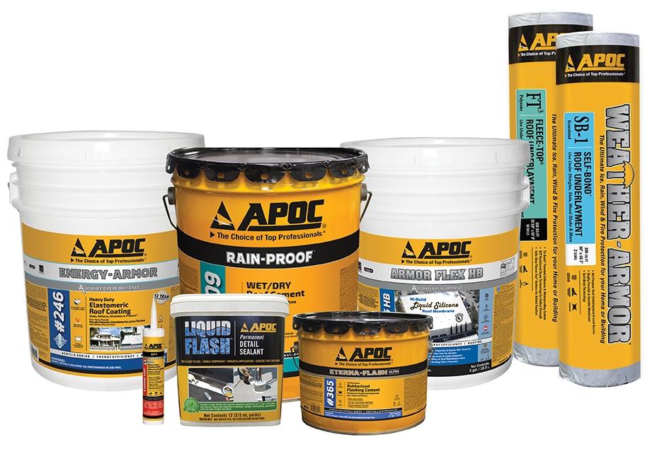 APOC Roofing Products Directory featuring commercial roof coatings, sealants, and flashing cements
