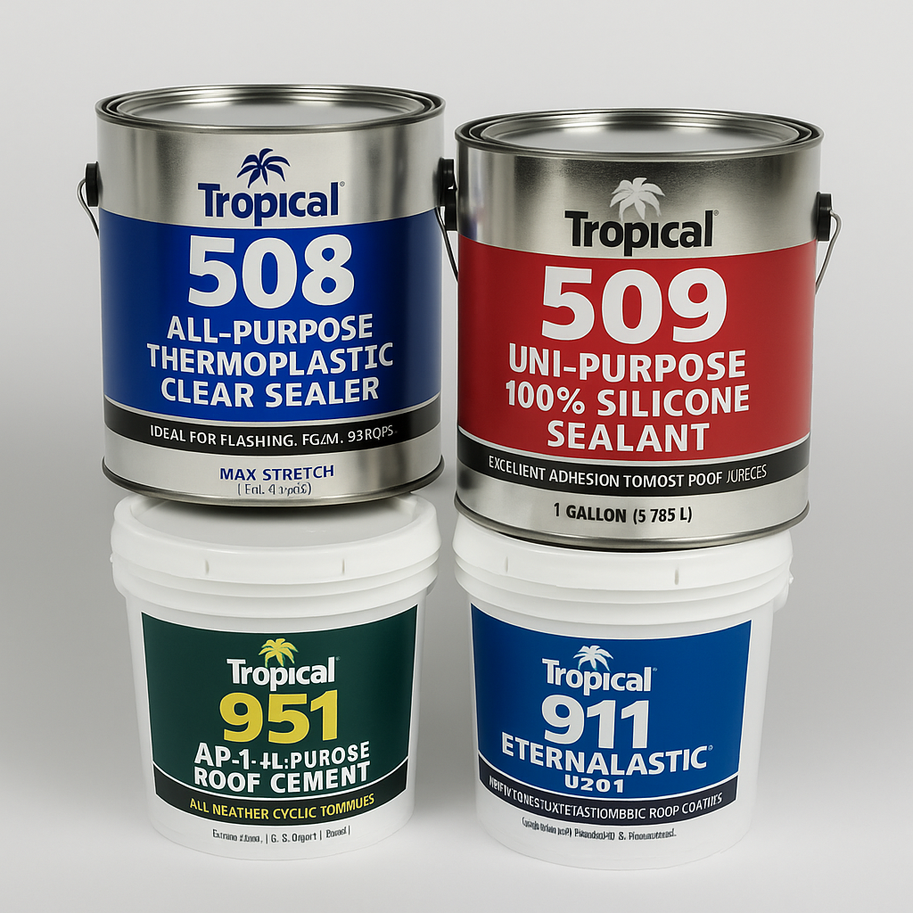 Four 1-gallon Tropical Roofing Products buckets including 508 Wet Surface Mastic, 509 All-Purpose Mastic, 951 Silicone Roof Coating, and 911 Eternalastic Elastomeric Coating